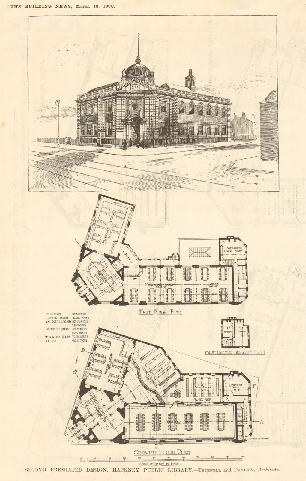 Hackney Public Library - Trimnell & Davison, Architects. London 1906 old print